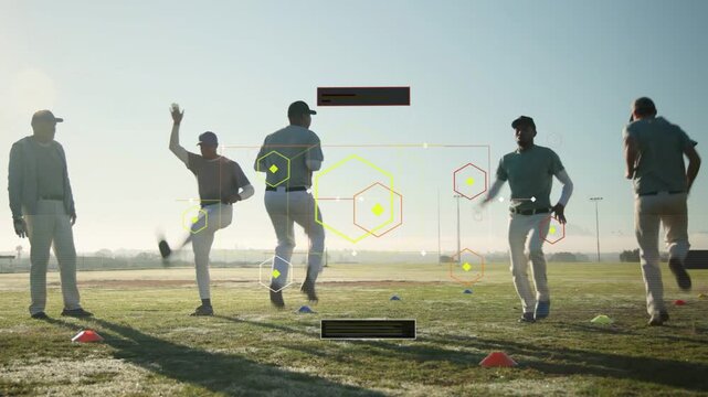 Five baseball players starting warmup drills around cones at dawn for game, HUD tracking positions