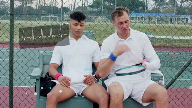 Right tennis player reaching racket checking strings shaking hands preparing overlay showing 69 BPM