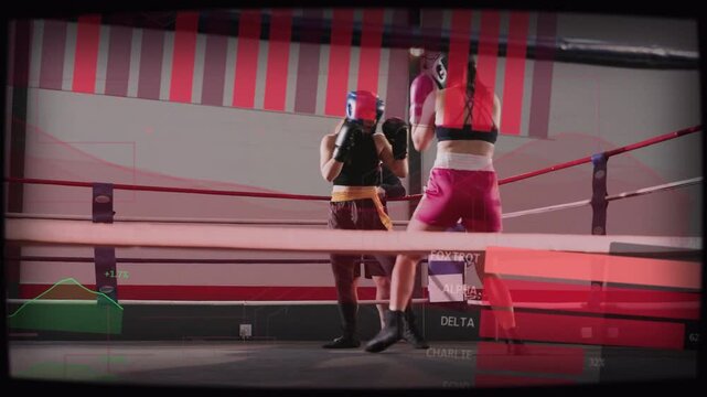 Left boxer stepping forward, opponent blocking, countering for boxing, bars tracking punches