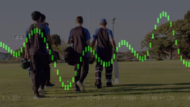 Five players walking toward pitch, movement starting HUD waveform overlay, showing cricket stats