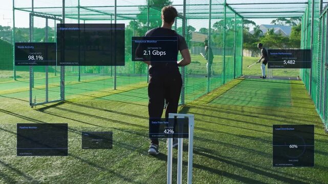 Bowler stepping into net lane near stumps and bowling while HUD metrics multiplying during sports