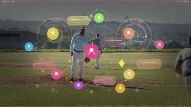 Pitcher shifting weight and preparing to pitch, HUD labels annotating players for sports analytics
