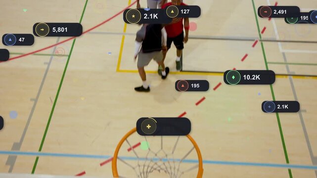 Red-shirted shooter shifting stance, dribbling and shooting ball to score as AR sports stats update