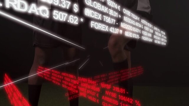 Camera lifting, two athletes shifting with foot on soccer ball, data ribbons framing sports promo