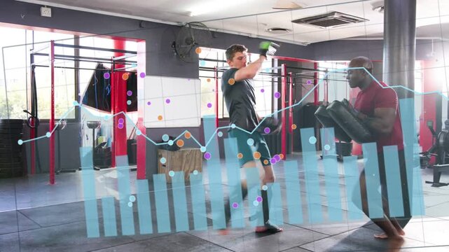 Combat trainer moving pads, fighter stepping, throwing strikes; data overlay tracking progress