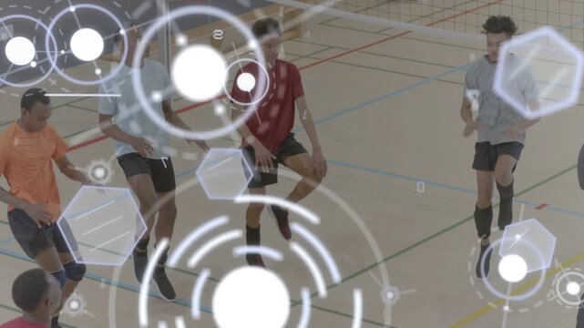 Coach signaling, male athletes syncing high knees warming up for sports, HUD over court and team