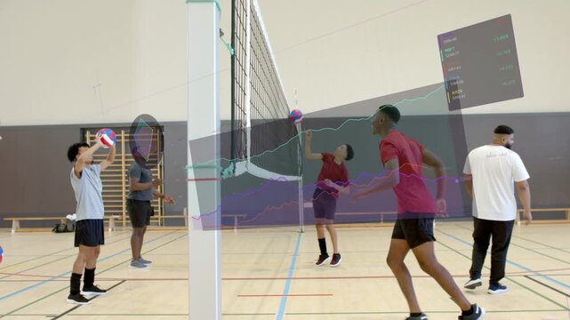 Left player tossing ball, approaching, jumping at net in sports drill, motion arcs guiding timing