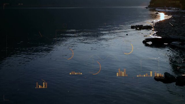 Orange HUD overlays intensifying and rotating over lake, panning right, visualizing sun reflection