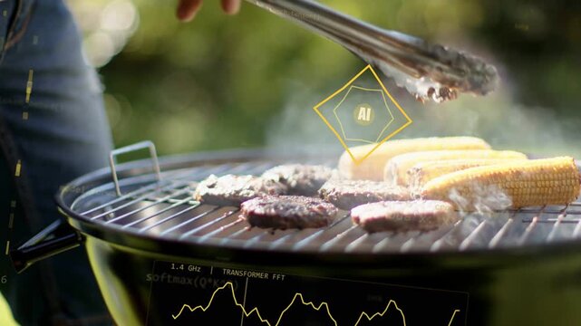 Man's hand entering with tongs flipping patties on grill, AI HUD tracking tongs optimizing cooking