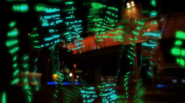 Green numerals appearing on glass, curving and densifying to form luminous tunnel around overhang