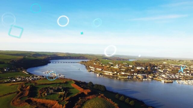cyan X appearing over river starting overlays, aerial camera moving, town highlighting for mapping