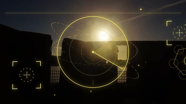Central radar HUD rotating while sun appearing behind ruin, scanning horizon and revealing glare