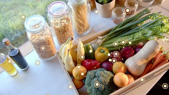 Hex lights appearing, camera panning right and down, crate staying, revealing full produce view