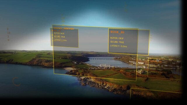 Translucent yellow HUD fading in, shifting over bay and town, showing node latency for monitoring