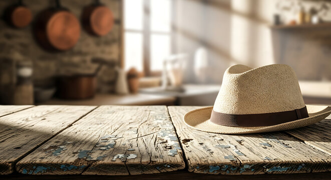 Rustic product display mockup background with straw hat on wooden table in country kitchen