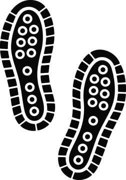 Black and white of two shoe sole footprints showing tread pattern for hiking boots or athletic footwear on a plain white background