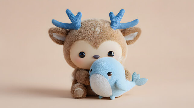 鹿と鳥のようなフェルト人形のちびキャラが寄り添いあっている(Two chibi felt characters, resembling a deer and a bird, are snuggling together.)