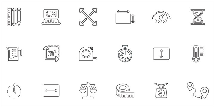 measure icon set bundle. temperature, scale, ruller, centimeter,volume and more. simple line vector
