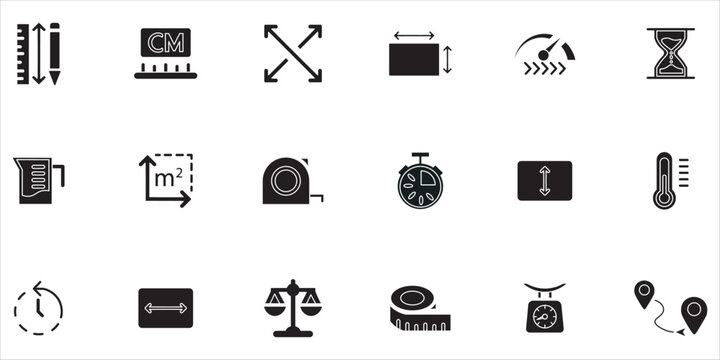measure icon set bundle. temperature, scale, ruller, size, volume and more. simple solid vector