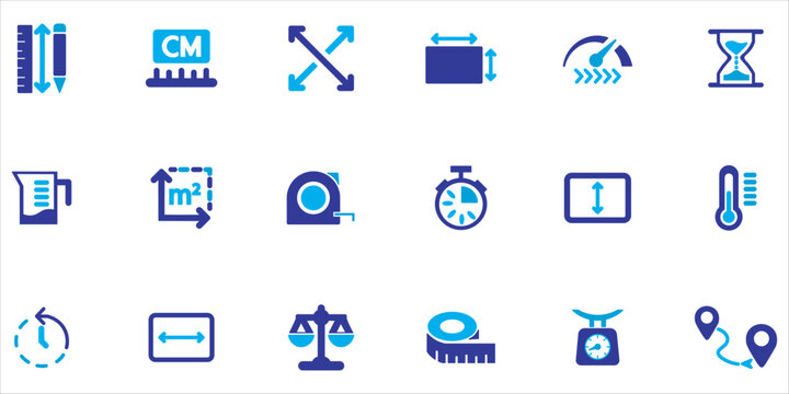 measure icon set bundle. tool, scale, ruller, size, volume and more. simple colored vector