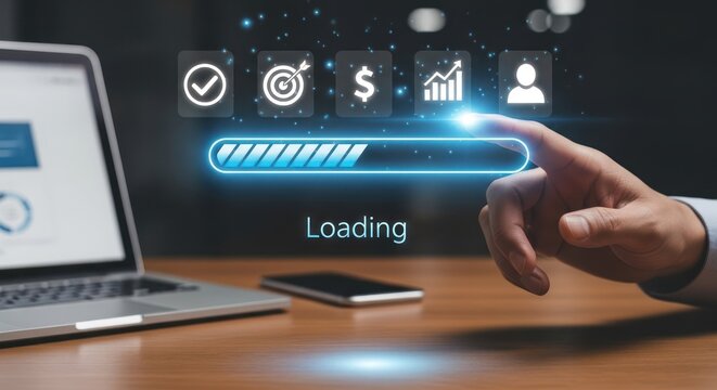 Business Progress Bar Loading with Success Icons and Tech
