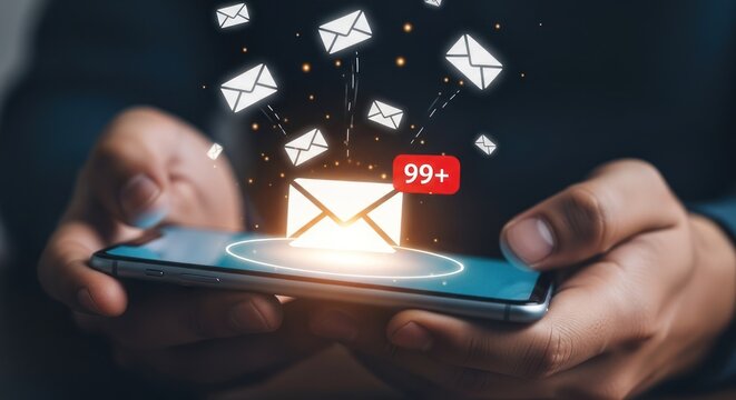 Businessman receiving many emails on smartphone digital concept