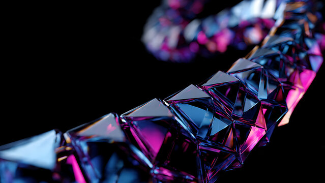 Vibrant purple and blue geometric crystal polyhedrons with reflective surfaces on dark background, 3D rendering, perfect for technology, digital art