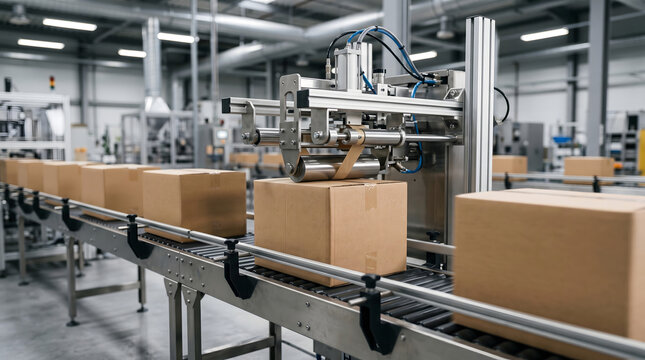 Industrial Automated Packaging Machine Sealing Cardboard Boxes on a Conveyor Belt in a Modern Warehouse Distribution Center