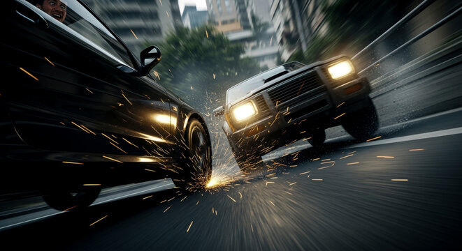 Dynamic, kinetic cinematic still capturing a heart-stopping near-miss during a frantic vehicle chase