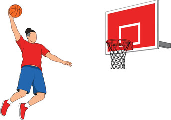 Basketball Player Dunking Ball into Hoop in Action Pose, Male Athlete Jumping for Slam Dunk Shot Vector Illustration in Flat Style © Minara