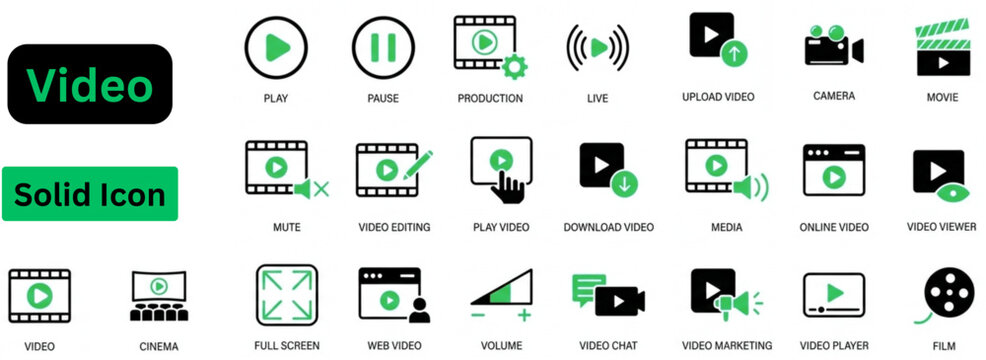 Solid vector of Video icon set. Video solid icon set. Video production solid icon set media player camera play pause cinema symbols for web and mobile app design