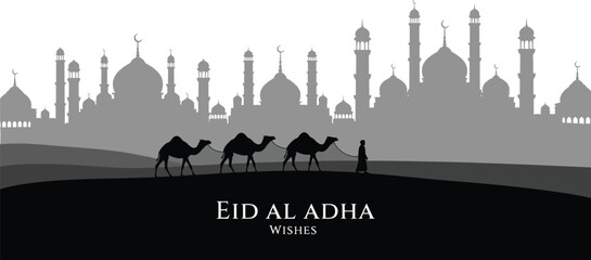 Eid al adha celebration islamic cityscape with camels festive greetings © Jobax