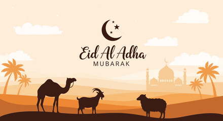 Eid al adha mubarak festive desert scene with camels and crescent moon © Jobax