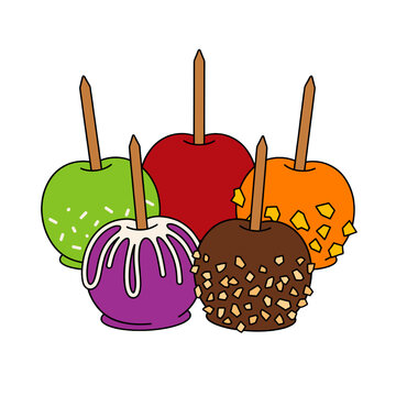 A colorful arrangement of candied apples with wooden sticks 