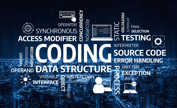 Explore key coding concepts that include data structure, error handling, and testing in a visually striking digital format against a dark background. Tessel