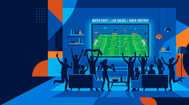 A group of friends cheering at a football match on television in a living room 