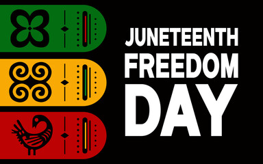 Fototapeta premium Juneteenth Freedom Day Typography with African Pattern Symbols and Pan African Colors. Minimal Juneteenth design with bold typography and African symbols in red yellow green, representing culture