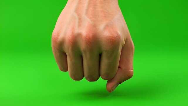 Close-up of a person's hand making a thumbs down gesture against a vibrant green background
