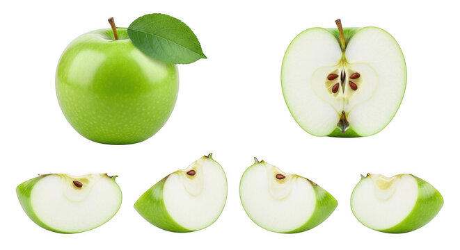 Whole green apple with leaf, half apple, and apple slices isolated on transparent background