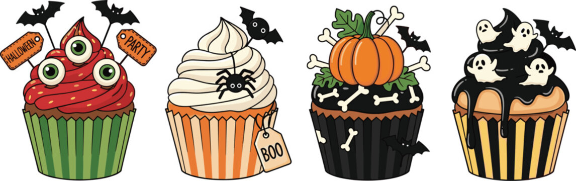 Halloween Cupcake Collection with Pumpkin Ghost Spider Eyeball Decorations Spooky Party Dessert Treat Cartoon Style Holiday Sweet Bakery Vector Illustration Set