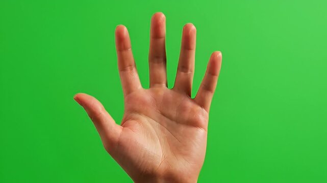 Hand showing number five gesture against a bright green screen background, a common symbol for counting or communication