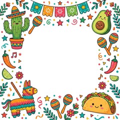 Fototapeta premium Colorful frame design featuring a cactus, pinata, taco, and maracas, perfect for festive celebrations.