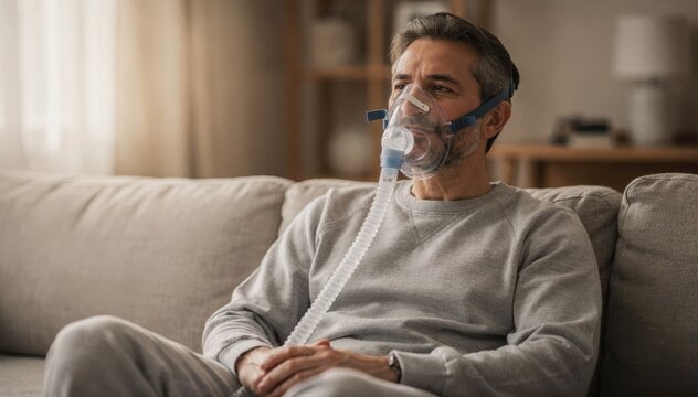 Medium shot of a relaxed patient wearing a fullface BiPAP mask indoors with subtle background defocus emphasizing comfort and temporary therapy during rental period