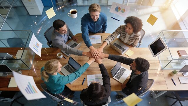 Diverse Business Team Stacking Hands During Meeting in Modern Glass Office