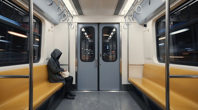 Solitary Hooded Passenger Sitting on Yellow Seat in Empty Subway Car