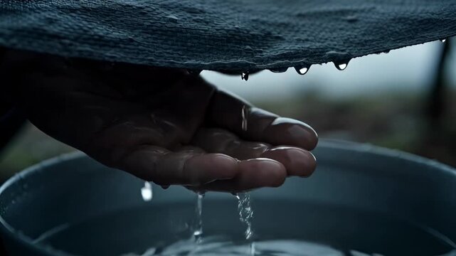 Close-up of a person's hand catching raindrops in a bucket under a sheltering cloth