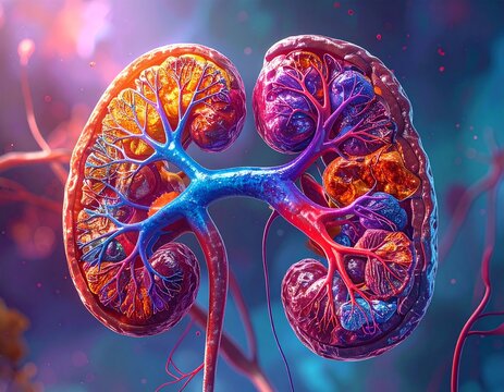 Vibrant Microscopic Rendering of Healthy Human Kidneys, Showcasing Intricate Internal Anatomy, Blood Vessels, and Renal Physiology for Educational and Medical Visualizations