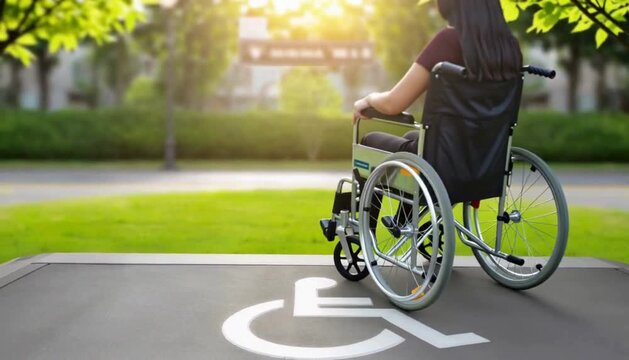 公園のバリアフリー対応スロープと車いすマーク
