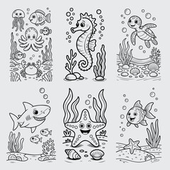 Fototapeta premium Cute underwater creatures coloring pages cartoon style ocean animals for kids activity book design.