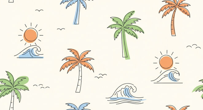 Minimal Tropical Beach Seamless Pattern with Palm Trees Sun Waves and Birds Retro Summer Background